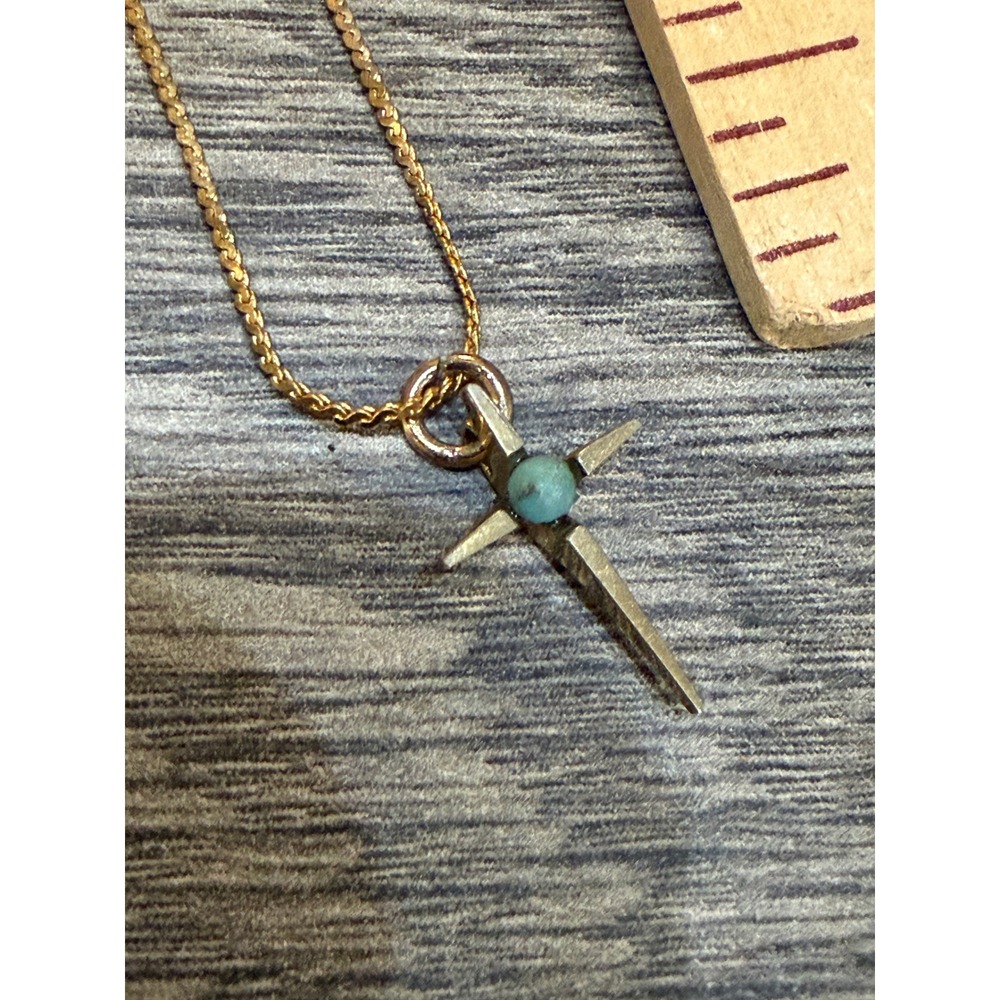 Cross Necklace 16" Gold Tone Turquoise Bead Religious Pendant Koret Zuni Boho